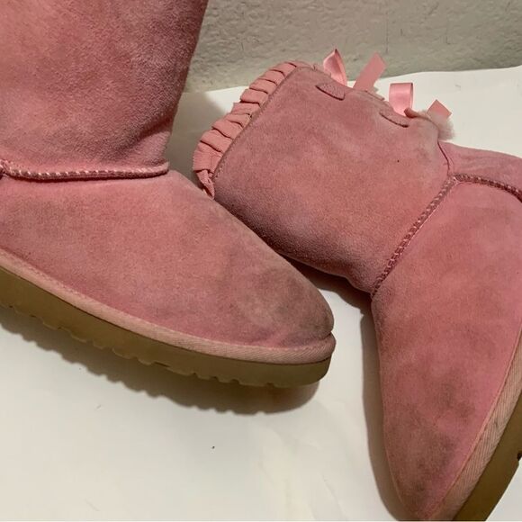 UGG Girls Pink Sheepskin Bailey Bow Ruffles Boots Girls 1013278K size 4 - Picture 8 of 16